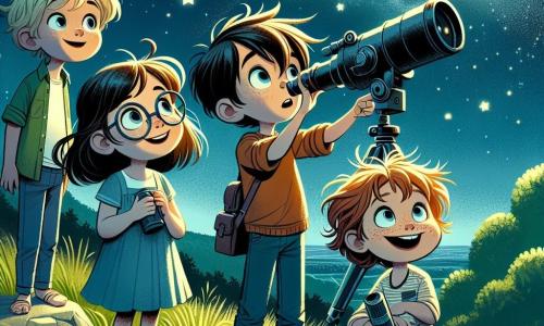 Au sommet d'une colline verdoyante, quatre enfants admirent un ciel étoilé. Léa, 10 ans avec des lunettes, observe à travers un télescope. Thomas, 11 ans aux cheveux blonds, pointe une étoile filante. Camille, 10 ans avec une coupe courte, tient un cylindre mystérieux, tandis qu'Hugo, 11 ans, se tient derrière elle, prêt à faire une blague. Le ciel est bleu, parsemé d'étoiles, et une lune brillante éclaire la scène. Les enfants découvrent un cylindre projetant une carte stellaire holographique, illuminant leurs visages émerveillés.
