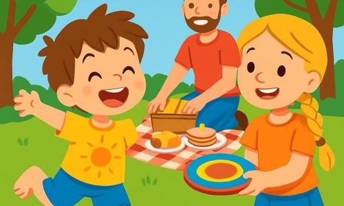 Léo, un petit garçon de 4 ans aux cheveux bruns en bataille et aux yeux pétillants, saute de bonheur dans un jardin ensoleillé. Il porte un t-shirt jaune vif avec un dessin de soleil et un short bleu. Sa grande sœur de 8 ans, aux longs cheveux blonds tressés, tient un frisbee coloré et l'encourage à jouer. Leur papa, souriant et âgé d'environ 35 ans, prépare un pique-nique sur une nappe à carreaux rouges et blancs, entouré de fruits frais et de sandwichs. Le jardin est rempli de fleurs colorées, de grands arbres verts et d'un ciel bleu clair avec quelques nuages blancs. Léo est prêt à lancer le frisbee, impatient de s'amuser avec sa sœur en cette belle journée d'été.