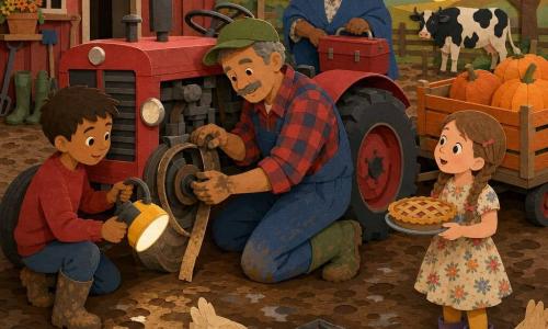 Un agriculteur souriant aux cheveux gris et petite moustache, casquette verte et chemise à carreaux, à genou pour remplacer une courroie sur un tracteur rouge ; un garçon d’environ 8 ans tient une lampe jaune à gauche, une fillette en robe à fleurs apporte une petite tarte près d’une remorque de courges à droite, et une voisine d’une cinquantaine d’années apporte une boîte à outils derrière eux ; cour de ferme boueuse avec remise rouge, remorque orange, quelques poules et une vache au loin, ambiance chaleureuse de fin d’après-midi, couleurs chaudes et textures papier découpé.