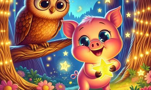 Un petit cochon rose nommé Coco, souriant et joyeux, se tient au centre de la scène, tenant une étoile brillante. À côté, un hibou sage aux plumes brunes et aux grands yeux ronds, perché sur une branche, observe avec bienveillance. La forêt enchantée est remplie d'arbres noueux, de fleurs colorées dansant au vent et de lucioles scintillantes. La douce lumière de l'étoile éclaire la scène, créant une ambiance magique. Coco, déterminé et amical, se prépare à remettre l'étoile dans le ciel, encouragé par le regard sage du hibou.