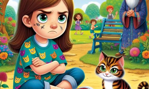 Zoé, une fille de 10 ans aux longs cheveux bruns et aux taches de rousseur, est assise par terre, le visage triste et frustré, les bras croisés. Elle porte un t-shirt coloré avec des motifs de chats et un short en jean. À côté d'elle, un petit chaton tigré aux yeux verts, curieux et espiègle, se faufile dans les buissons. Le parc ensoleillé est rempli de fleurs et d'arbres, avec des enfants qui jouent au loin et des oiseaux chantant. Un banc en bois bleu est occupé par un vieil homme à la barbe blanche et au chapeau pointu, qui sourit mystérieusement. Zoé, frustrée par le chaton qui lui a griffé le visage, prépare un piège magique avec une boîte en métal scintillante, tandis que le chaton, insouciant, continue de jouer.