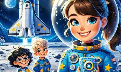 La commandante Zoé, souriante avec des cheveux bruns en queue de cheval, porte une combinaison spatiale bleue ornée d'étoiles jaunes. Son visage exprime excitation et détermination devant le vaisseau Étoile Filante. À ses côtés, Lucas, un garçon de dix ans aux cheveux blonds en bataille et lunettes rondes, tient un petit robot clignotant. Tom, neuf ans, avec des tresses noires et un sourire malicieux, pointe vers les étoiles émerveillé. Le vaisseau, futuriste, est garé sur la lune, entouré de cratères et de poussière scintillante, avec la Terre en arrière-plan. Zoé et son équipe se préparent à monter à bord, impatients de découvrir de nouveaux mondes, échangeant rires et encouragements pour leur aventure dans l'espace.