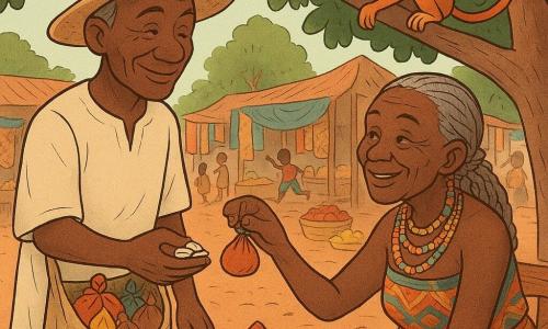 Kofi, homme d'environ 60 ans au visage ridé et souriant, peau brune, chapeau de paille, tunique claire et sandales, tient une besace d'où dépassent des sachets d'épices colorées et tend quelques cauris en paiement ; un petit singe roux espiègle sur une branche au-dessus de lui pointe en riant un sachet noué d'un fil rouge ; la vieille vendeuse, femme d'environ 70 ans à la peau foncée et cheveux gris nattés, portant des colliers de perles et un pagne bariolé, est assise derrière un étal et lui tend le petit sachet rouge en souriant ; le marché sous des manguiers, étals de bois, textiles colorés, paniers de fruits et pyramides d'épices sur terre rouge, enfants jouant en arrière-plan ; scène centrée sur l'échange chaleureux et les mains se tendant vers le sachet rouge, atmosphère lumineuse et couleurs chaudes.