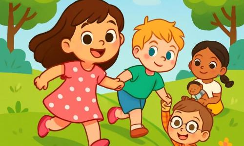 Il y a quatre enfants : Lila, une petite fille de 3 ans avec de longs cheveux bruns et une robe rose à pois blancs, souriante et prête à encourager ses amis ; Tom, un garçon de 3 ans avec des cheveux blonds en bataille et un t-shirt vert, qui regarde Lila avec détermination ; Mia, une petite fille de 3 ans avec des cheveux noirs tressés, une jupe jaune et une poupée dans les bras, assise sur une marche ; et Jules, un garçon de 3 ans avec des cheveux châtains et des lunettes rondes, souriant en bas de la butte. L'action se déroule dans un parc ensoleillé avec une butte verdoyante, des fleurs colorées et des arbres. Les enfants montent la butte main dans la main, joyeux et déterminés, surmontant leur peur tout en riant.