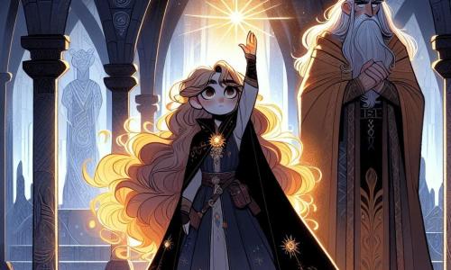 Au centre de l'image, Lyra, une jeune mage aux longs cheveux flamboyants, se tient fièrement avec une cape sombre ornée de motifs mystiques. Elle lève une main vers le ciel, tenant l'Étoile de l'Aube, une gemme scintillante qui illumine son visage. À ses côtés, Maître Eldrin, un vieil homme de 70 ans avec une longue barbe argentée, l'observe avec un sourire bienveillant, les bras croisés. Le décor est celui du Temple de l'Ombre, une salle ornée de fresques anciennes et de colonnes majestueuses, où la lumière de l'Étoile de l'Aube crée une atmosphère mystique. Lyra, en action, libère une magie éclatante, symbolisant le retour de la magie dans l'Empire d'Eldoria.