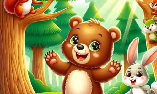 Un petit ours brun aux yeux pétillants et au sourire joyeux se tient au milieu d'une forêt verdoyante, levant les pattes en l'air avec enthousiasme. À sa droite, un écureuil espiègle grimpe sur une branche, prêt à jouer. À sa gauche, un lapin aux grandes oreilles blanches bondit joyeusement sur l'herbe verte, riant avec Petit Ours. En arrière-plan, de grands arbres forment un abri naturel, tandis que des fleurs colorées parsèment le sol. La scène dégage une atmosphère de bonheur et d'amitié, avec le soleil qui filtre à travers les branches, illuminant les visages des amis.