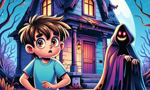 Un garçon de 10 ans nommé Thomas se tient devant une vieille maison abandonnée, les yeux écarquillés d'émerveillement et d'inquiétude. Il avance courageusement vers la porte, malgré ses mains légèrement tremblantes. À l'entrée, un vampire mystérieux avec une cape noire et des yeux rouges l'observe avec un sourire bienveillant. La maison est entourée d'arbres sombres, avec des fenêtres brisées et des toiles d'araignées. Une lumière lunaire éclaire la scène, créant une atmosphère magique et effrayante. Thomas, curieux et nerveux, s'approche du vampire, prêt à découvrir les secrets de la maison.