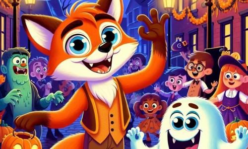 Un renard nommé Félix, avec une fourrure orange vif et des yeux curieux, danse joyeusement dans une rue décorée pour Halloween, souriant largement. À ses côtés, un petit fantôme nommé Gus flotte dans les airs, prêt à faire rire les enfants avec des blagues. Un grand monstre poilu, Max, fait des grimaces hilarantes pour amuser les enfants. La scène se déroule dans une rue animée, illuminée par des lanternes en forme de citrouilles et ornée de toiles d'araignée, où des enfants déguisés en vampires et sorcières s'amusent. Félix, Gus et Max, unis par l'amitié, créent une atmosphère festive, transformant la nuit d'Halloween en un moment de rires et de magie.