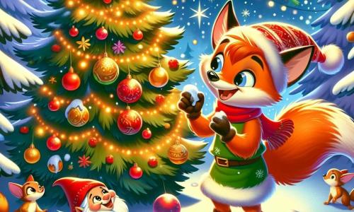 Un renard rusé, aux poils orange vif et à la queue touffue, décore un grand sapin de Noël avec des pommes de pin dorées et des guirlandes de baies rouges. À ses côtés, un petit lutin farceur, vêtu d'un bonnet rouge et d'une tunique verte, tient une boule de neige. La clairière enneigée est illuminée par des étoiles scintillantes, tandis que des flocons de neige tombent doucement. Les animaux de la forêt, comme des écureuils et des oiseaux colorés, s'approchent du sapin, émerveillés par la magie de Noël. La scène est festive et joyeuse, remplie de rires et de camaraderie.