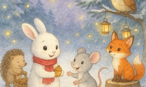 Dans une clairière enneigée de sapins sous un ciel violet crépusculaire, un petit lapin blanc, Noisette, au pelage duveteux et écharpe rouge, tient une noisette dorée tandis que Souricette, petite souris grise, saute pour la récupérer ; Monsieur Pic, vieux hérisson brun, pousse à gauche une charrette de pommes de pin, Lila la renarde rousse est assise sur une souche à droite entourée de lanternes et Edwige la chouette dorée veille depuis une branche enneigée pendant que des lucioles illuminent doucement la préparation d’une fête de Noël aux couleurs pastel, ambiance magique et chaleureuse.