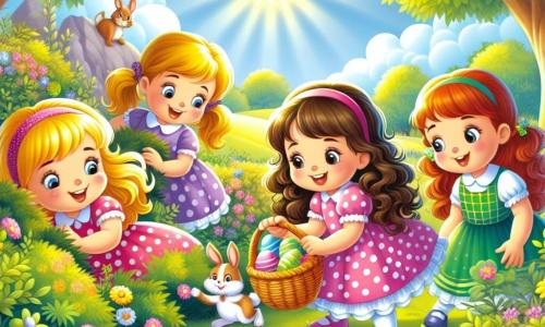 Quatre petites filles joyeuses, âgées de 6 à 8 ans, se tiennent dans un jardin ensoleillé. Chloé, avec des cheveux blonds, porte une robe rose à pois blancs et sourit en tenant un panier. Clara, aux cheveux bruns, est vêtue d'une robe violette et regarde autour d'elle. Léa, avec des cheveux châtains, porte une robe jaune et pointe du doigt un œuf caché. Lila, aux cheveux roux, est habillée d'une robe verte et s'accroupit pour examiner un buisson. Le jardin est rempli de fleurs colorées et de grands arbres. Des œufs de Pâques multicolores sont cachés parmi les fleurs. Les filles sont en pleine chasse aux œufs, cherchant avec enthousiasme les œufs en chocolat cachés par un lapin, créant une ambiance joyeuse.