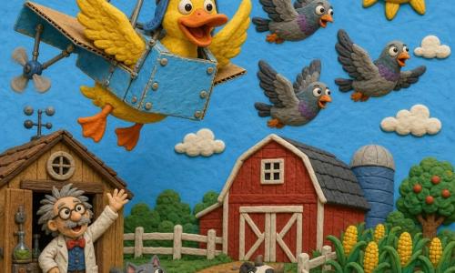 Canard jaune vif au bec orange en pâte à modeler texturée, souriant et battant des ailes, équipé d’une petite machine volante artisanale en carton et métal bleu clair aux hélices tournantes, s’élevant au-dessus d’une ferme; un scientifique excentrique d’environ 50 ans, cheveux gris en désordre et lunettes rondes, agite la main depuis le seuil d’un petit labo en bois près de la grosse grange rouge; trois pigeons gris guident le canard en vol; au sol, clôtures blanches, champ de maïs et autres animaux en pâte à modeler (chat, vache) étonnés; ciel bleu clair, nuages duveteux et soleil souriant en haut à droite; ambiance amusante, colorée et naïve, formes rondes et textures visibles, composition centrée sur le canard volant.