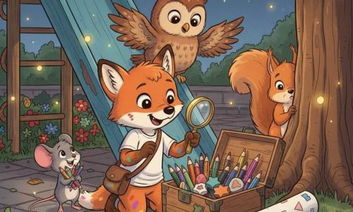 Félix, un petit renard roux aux yeux brillants, est agenouillé devant une boîte en bois ouverte tenant une loupe, avec une besace et des taches de peinture sur les pattes; Lila, une minuscule souris grise souriante, serre des crayons multicolores contre sa poitrine à gauche; Max, un jeune hibou brun aux grands yeux, est perché sur la rambarde du toboggan derrière, ailes légèrement ouvertes; Émile, un petit écureuil roux, se cache timidement derrière un tronc en regardant la boîte — la cour de récréation nocturne est éclairée par des lucioles, avec un vieux toboggan bleu fané, des fleurs au pied, un rouleau de papier peint et un sol pavé; scène chaleureuse de découverte d'une boîte de crayons et gommes, ambiance d'amitié et d'enquête, couleurs chaudes, style illustrations rondes et expressives, plan rapproché trois-quarts pour voir visages et détails des crayons.