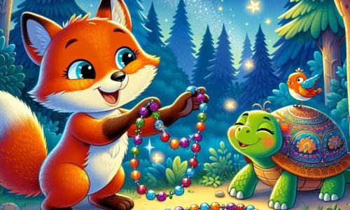 Dans une forêt enchantée, un petit renard orange vif nommé Félix sourit en tenant un collier de baies colorées. À ses côtés, une vieille tortue sage nommée Théodore admire le collier avec un grand sourire. Un oiseau bleu nommé Azur chante sur une branche, ajoutant une touche de magie à la scène. La scène se déroule au bord d'un lac clair, sous un ciel étoilé, entourée d'arbres majestueux. Félix offre le collier à Théodore pour célébrer Noël, illustrant l'esprit de partage et d'amitié en cette belle nuit étoilée.
