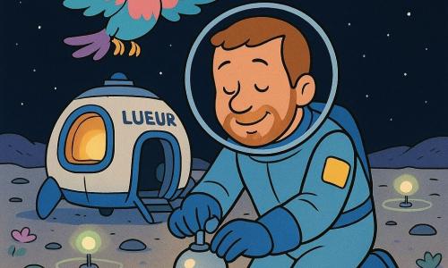 Marc, homme adulte serein et souriant, visage rond et légère barbe, en combinaison spatiale bleu clair avec patchs jaunes, agenouillé pour serrer une vis sur une petite balise ronde brillante ; la navette Lueur, petite cabine blanche et bleue avec hublot lumineux, stationne juste derrière, portes ouvertes et poste de pilotage émettant une douce lueur ; un oiseau-lune rose et turquoise plane au‑dessus en chantant, expression curieuse ; le sol de la lune est couvert de fleurs basses et lumineuses aux tons pastels, parsemé de quelques rochers ; trois balises vertes plantées émettent de faibles anneaux de lumière et la Terre bleue et blanche apparaît à l’horizon étoilé ; scène calme et chaleureuse, lumière douce, contrastes nets, style dessin animé des années 90, couleurs vives et contours épais, composition centrée sur Marc et la balise.