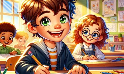 Un garçon de 8 ans, Arthur, aux cheveux châtains et aux yeux curieux, est assis à une table en bois dans une salle de classe lumineuse. Il dessine des images colorées, tandis que sa meilleure amie Zoé, également âgée de 8 ans, l'encourage avec un crayon à la main. Léo, un autre garçon de 8 ans avec des lunettes rondes, se concentre sur l'écriture d'un message secret. La salle est décorée de posters scientifiques et d'étagères remplies de livres. Des rayons de soleil illuminent l'espace. Ensemble, Arthur, Zoé et Léo créent des cartes de remerciements dans une ambiance d'entraide et de créativité.