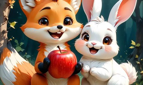 Renard, un animal rusé au pelage orange vif et à la queue touffue, sourit en tenant une pomme rouge dans ses pattes. Il a des yeux pétillants de malice et semble fier. Lapin, avec ses grandes oreilles blanches et sa fourrure douce, est assis à côté, souriant de joie. Souris, petite créature grise aux moustaches frémissantes, admire Renard en levant les yeux avec enthousiasme. Ours, un gros ours brun au pelage doux, est en arrière-plan, tapant dans ses pattes avec un grand sourire. La scène se déroule dans une forêt ensoleillée, avec des arbres verts et des fleurs colorées. Renard et ses amis célèbrent leur victoire après avoir attrapé la pomme, riant et partageant des morceaux de fruit ensemble, entourés par la nature.