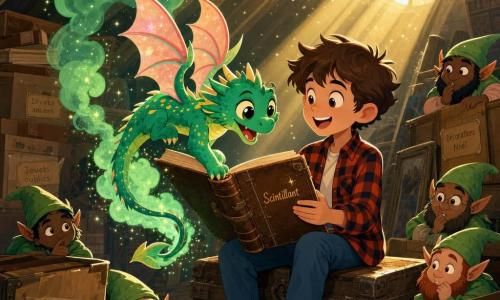 Un petit dragon espiègle nommé Scintillant, vert émeraude tacheté de jaune avec des ailes translucides roses, virevolte en laissant une fumée verte scintillante et pose une patte sur un vieux carnet en cuir ouvert pendant que Timéo, garçon d'environ 10 ans aux cheveux bruns en bataille, souriant et émerveillé en chemise à carreaux, tient le carnet assis sur une vieille malle en bois dans un grenier où de petits lutins verts barbus se cachent derrière des caisses; le grenier a des planches claires, des rayons de lumière jaune perçant la poussière et une vieille lampe métallique rouillée — moment magique et complice.