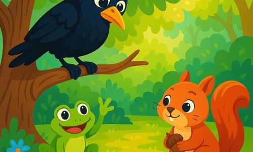 Un corbeau au plumage noir brillant, avec des yeux curieux et une expression mélancolique, est perché sur une branche d'un grand chêne, regardant avec espoir vers le bas où se trouvent ses nouveaux amis. Une grenouille verte, souriante, lève une patte pour saluer le corbeau, tandis qu'un écureuil aux poils roux, tenant une noix, observe la scène avec amusement. La scène se déroule dans une forêt enchantée, où la lumière du soleil filtre à travers les feuilles, créant des motifs dorés sur le sol. Le corbeau, désireux de se faire des amis, se prépare à chanter une douce mélodie pour attirer l'attention des autres animaux.