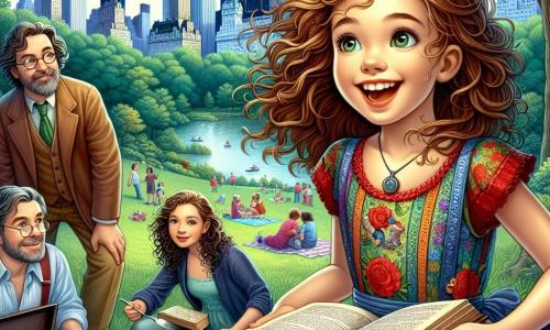 Léa, une fille de 10 ans, se tient au centre de Central Park, avec des cheveux châtains et des yeux brillants d'excitation. Elle porte une robe colorée et tient un vieux livre ouvert, souriante. À ses côtés, sa maman Sophie, une femme dans la trentaine, et son papa Thomas, un homme dans la quarantaine, observent avec fierté un coffret en métal qu'ils viennent de déterrer. Le parc est verdoyant, rempli d'arbres, de familles pique-niquant et de rires d'enfants, avec des gratte-ciels de New York en arrière-plan. Léa découvre un trésor caché sous un vieux banc, entourée de sa famille, tous captivés par cette aventure inattendue.