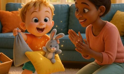 Garçon de 2 ans au visage rond et joues roses, cheveux blonds en bataille, yeux brillants et sourire éclatant, tenant un doudou lapin gris à moitié sorti d’un coussin et sautant de joie; à droite, la maman d’environ 30 ans, chignon châtain, tenue pastel confortable, accroupie, mains ouvertes en applaudissement et regard encourageant; salon lumineux avec tapis crème, grand canapé bleu et coussins colorés, boîte à jouets renversée et petite voiture rouge, lumière chaude d’une fenêtre à rideau blanc; scène de découverte joyeuse — le lapin apparaît entre deux coussins, confettis de lumière, gestes vifs et composition centrée sur l’enfant et le doudou.