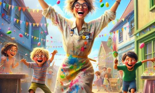 Margot, une femme inventrice pleine de vie, est au centre de la scène avec des cheveux en bataille, des lunettes rondes et un grand sourire. Elle porte une blouse colorée couverte de taches de peinture et saute de joie, les bras levés vers le ciel, tandis qu'une pluie de bonbons colorés s'échappe de sa machine. À sa droite, Léo, un garçon de 8 ans aux cheveux bruns en désordre et t-shirt rayé, court après des bonbons, émerveillé. À gauche, Emma, une fille de 7 ans avec des tresses blondes et une robe à fleurs, rit en attrapant des bonbons. La scène se déroule dans une place de village décorée de guirlandes et de ballons, avec des maisons en bois pastel et des arbres aux feuilles vertes. Le ciel est bleu et ensoleillé, créant une atmosphère joyeuse. Margot et les enfants célèbrent le succès de leur invention farfelue, avec des bonbons de légumes tombant du ciel, remplissant l'air de couleurs vives et de rires.