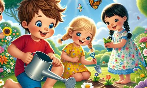Quatre enfants jouent dans un parc ensoleillé au printemps. Max, 7 ans, avec des cheveux bruns, porte un t-shirt rouge et un short bleu, il plante une graine. Lisa, 6 ans, avec des cheveux blonds tressés et une robe jaune à fleurs, sourit avec une petite pelle. Tom, 8 ans, avec des cheveux noirs et des lunettes, admire les fleurs en arrière-plan. Mia, 7 ans, avec des cheveux châtains, se tient près d’un arrosoir, prête à arroser les graines. Le parc est rempli de fleurs colorées, d'arbres verts et de papillons. Les enfants créent leur jardin avec enthousiasme et rires, sous un ciel bleu et ensoleillé.