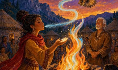 Zara, femme au visage chaleureux et déterminé, cheveux noirs tressés relevés, robe ocre et écharpe rouge, yeux brillants et léger sourire, verse un souffle lumineux vers un grand feu de camp sacré aux flammes orange, or et bleu pâle tandis qu’un vieil homme aux cheveux blancs et tunique brune, son grand‑père, se tient en arrière‑plan, ému et fier, et qu’un aigle majestueux aux plumes brunes dorées plane au‑dessus, relié à elle par un ruban de vent translucide ; le village de huttes en cercles entoure la clairière au pied d’une montagne escarpée, pins sombres et ciel violet‑orangé au crépuscule, atmosphère mythique et apaisante, style pictural acrylique à traits visibles, textures épaisses et palette riche contrastée, composition centrée sur l’échange de lumière entre Zara et le feu.