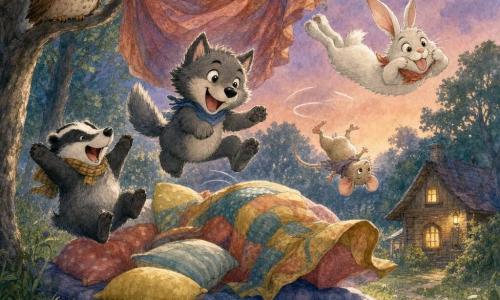 Léon, un petit loup gris aux yeux brillants et au visage souriant, saute sur un lit improvisé de couvertures et d'oreillers ; Bibi le blaireau, trapu et rayé, rit en rebondissant sur le bord du lit ; Mimi la petite souris beige fait une pirouette en l'air devant le lit ; Gaspard le lapin blanc, grand et énergique, grimace en plein saut, pattes arrière tendues ; Olga la chouette ronde aux grands yeux dorés est perchée sur une branche près de la maison, étonnée et amusée ; à l'arrière, la maison en bois de Maman Loup avec une fenêtre éclairée, une clairière herbeuse bordée d'arbres, un ruisseau scintillant et un ciel crépusculaire avec une lune douce ; la scène montre le lit rebondissant, une grande couverture colorée prise dans les branches comme un rideau, éclats de rire, mouvement et couleurs douces à la texture aquarelle.