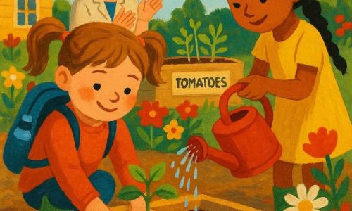 Lila, 4 ans, visage rond et joues roses, cheveux châtain clair en couettes, bottes vertes et petite gourde bleue, sourit doucement, concentrée en plantant un jeune pied de tomate, ses mains dans la terre sombre; Tamara, ~5 ans, cheveux noirs en tresse, robe jaune, arrose avec un arrosoir rouge, l’eau tombe en gouttes brillantes; la maîtresse, femme d’une trentaine d’années aux cheveux courts et blouse claire, applaudit et indique d’autres plants; le potager scolaire est composé de plates-bandes en bois, sol humide, fleurs en bordure et une pancarte « tomates », une abeille butine, lumière de matin douce et atmosphère chaleureuse et attentive.