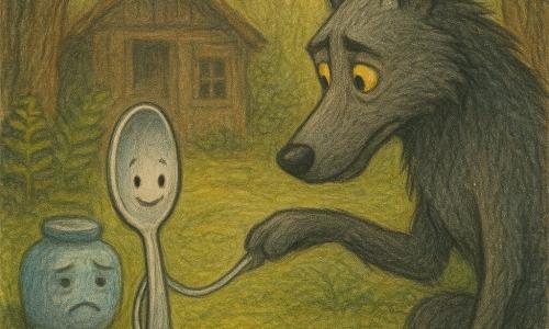 Petite Cuillère : petite cuillère anthropomorphe en métal argenté, sourire gravé, regard courageux et timide, debout sur la mousse, tend la pointe vers la patte du loup; Grand Méchant Loup : grand loup élancé au pelage gris foncé, yeux jaunes adoucis, posture courbée et étonnée, parmi fougères et troncs; Gros Pot : vieux pot à confiture en céramique bleu pâle, couvercle fissuré, expression triste puis soulagée, posé à l’entrée d’une petite cabane en bois; Lieu et atmosphère : clairière boisée au sol de mousse et petits champignons rouges, arbres aux troncs noueux, cabane sombre en arrière-plan, lumière douce de fin d’après-midi filtrant entre les branches; Situation : la petite cuillère demande pardon et fait preuve de courage face au grand loup, ambiance tendre et apaisée, couleurs chaudes contrastant avec des ombres bleutées, traits aux crayons visibles et textures douces.