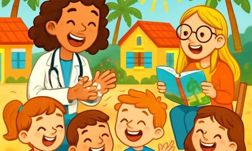 Une médecin souriante, Dr. Claire, d'une trentaine d'années avec des cheveux châtains bouclés, porte une blouse blanche et un stéthoscope. Elle rit en montrant aux enfants comment se laver les mains. À ses côtés, Léa, une bibliothécaire d'environ 25 ans avec de longs cheveux blonds et des lunettes rondes, raconte une histoire captivante aux enfants. Le décor est une île ensoleillée avec des maisons colorées et des palmiers. Dr. Claire et Léa sont entourées d'enfants joyeux qui imitent les gestes de lavage des mains, malgré un gobelet d'eau renversé.