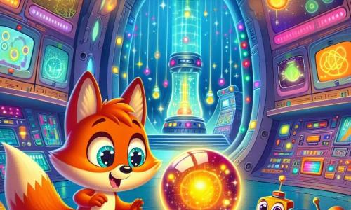 Un jeune renard orange vif, nommé Filou, avec des yeux curieux et une expression déterminée, se trouve au centre d'une scène colorée. Il explore un laboratoire secret rempli d'écrans clignotants et de tubes colorés, s'approchant d'un grand appareil sphérique brillant. À ses côtés, un petit robot jovial nommé Zappy, avec des bras articulés et des yeux ronds, sourit avec enthousiasme, observant Filou. En arrière-plan, des étagères chargées de gadgets futuristes et des lumières scintillantes créent une ambiance magique. Filou découvre le laboratoire, prêt à résoudre le mystère des déchets disparus, tandis que Zappy l'encourage avec excitation.