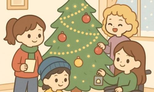 Quatre enfants décorent un sapin de Noël dans un salon chaleureux. Zoé, aux cheveux châtains et portant un pull rouge, tient un carnet près du sapin. Maya, avec un bonnet bleu et un pull jaune, est accroupie à droite avec une guirlande lumineuse. Inès, aux cheveux blonds et un pull violet, rit derrière le sapin en tenant une boule rouge. Lina, en fauteuil roulant avec un pull vert, tient une boîte en métal à droite du sapin. Le sapin, décoré de guirlandes dorées, de boules colorées et d'une étoile en papier, est illuminé par des lumières scintillantes. La neige tombe doucement à l'extérieur, créant une ambiance joyeuse et collaborative.