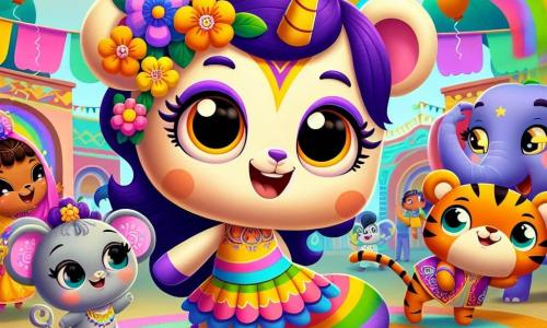 Au centre de l'image, Lila, une petite licorne aux crins arc-en-ciel, sourit en tenant un dessin de son pays. À sa droite, Tim, un tigre orange, danse joyeusement avec un foulard coloré. À gauche, Mia, une souris grise, danse gracieusement avec des fleurs dans les oreilles. En arrière-plan, Sam, un éléphant bleu, écoute attentivement, prêt à partager son histoire. Le décor est une cour d'école colorée avec des guirlandes et des ballons, où des enfants en costumes traditionnels se rassemblent, créant une atmosphère festive. Lila et ses amis célèbrent la diversité en partageant des histoires et des danses, illustrant l'harmonie entre différentes cultures.
