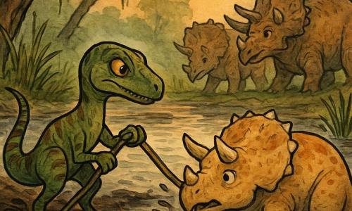 Raph, un petit vélociraptor élancé au pelage vert mousse rayé de brun-rouille et aux yeux ambre, est accroupi, déterminé et bienveillant, tirant une liane pour extraire d’un marais brumeux un tricératops juvénile massif et beige à moitié enlisé tandis que deux tricératops adultes, protecteurs et couverts de boue, attendent à l’arrière-plan parmi des roseaux, troncs moussus et eaux stagnantes reflétant un ciel orangé de fin de journée, la boue giclant sous une lumière de coucher de soleil qui crée des ombres dramatiques.