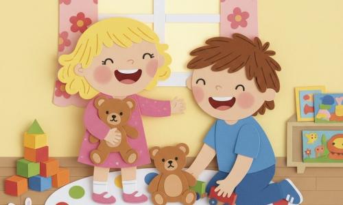 Lili, 2 ans, cheveux blonds bouclés, joue joyeuse avec un ourson en peluche caramel pendant que Max, ~4 ans, cheveux bruns, s'accroupit pour ramasser un petit train en bois rouge et bleu; la chambre d'enfant colorée, tapis à pois et murs jaune pâle baignés de lumière, est jonchée de jouets (cubes, balles, peluches, livres) tandis que les deux rient et rangent ensemble dans une ambiance chaleureuse.
