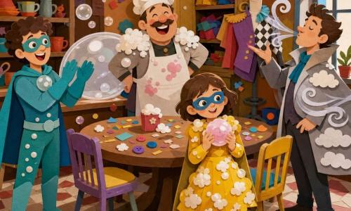 Éclairine, une fille souriante et timide aux yeux pétillants cachés sous un petit masque bleu et cheveux courts châtain, tient une bulle de mousse rose qu'elle vient de créer ; Monsieur Lardon, cuisinier jovial au tablier taché et épaules couvertes de mousse, rit près du comptoir ; Super-Bulle, jeune homme aux cheveux bouclés en costume turquoise, applaudit en créant une énorme bulle transparente ; Météo-Man, homme en manteau gris à motifs nuage, souffle une brise qui fait voler confettis et rubans ; le tout se déroule dans un petit café caché — table ronde en bois, chaises multicolores, étagères à tasses, armoire-atelier ouverte avec tissus colorés et mannequin, lumière chaude de lampes suspendues et carrelage ancien — lors d'une fête de costumes improvisée où la mousse a provoqué rires, tissus et boutons volants, ambiance joyeuse, mouvement et couleurs vives.