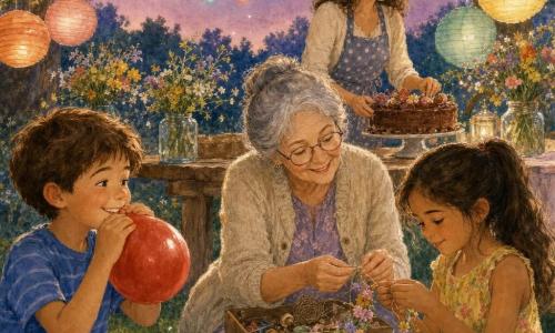 Quatre personnages : Lucas, garçon de 10 ans, cheveux châtain courts, t-shirt rayé bleu, à gauche en train de gonfler un ballon rouge en souriant ; Emma, fille de 10 ans, cheveux longs en queue, robe jaune à fleurs, à droite qui noue une guirlande de fleurs ; Mamie Jeanne, 68 ans, cheveux gris en chignon, lunettes rondes, veste en laine claire, au centre incliné vers les enfants montrant comment faire un nœud et tenant une petite boîte ; la maman, 38 ans, cheveux bruns lâchés, tablier à pois, en arrière-plan près d’une table en bois posant un grand gâteau au chocolat décoré. Lieu : jardin au crépuscule avec pelouse verte, table en bois rustique, guirlandes lumineuses multicolores et lanternes en papier suspendues, bouquets de fleurs sauvages en bocaux, ciel violet étoilé. Situation : la famille prépare une fête sous les guirlandes, gestes tendres, ballons et guirlandes, visages chaleureux et ambiance douce et festive.