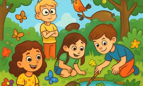 Quatre enfants explorent un jardin luxuriant : Emma, 9 ans, cheveux bruns et bouclés, sourit en observant des papillons ; Lucas, 10 ans, cheveux blonds et lunettes rondes, admire un oiseau ; Sarah, 8 ans, cheveux longs et lisses, est fascinée par des têtards près d'une mare ; Tom, 9 ans, cheveux châtains, observe des grenouilles. Le jardin est rempli de fleurs colorées, de plantes verdoyantes et de nénuphars, avec des arbres fruitiers en arrière-plan. Les enfants découvrent la beauté de la nature et l'importance de préserver l'écologie.