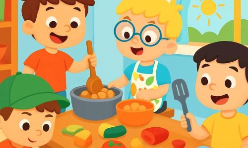 Quatre enfants cuisinent ensemble dans une cuisine d'école colorée. Max, 4 ans, avec des cheveux bruns, porte un t-shirt rouge et tient une casserole. Leo, également 4 ans, a des cheveux blonds et des lunettes rondes, il verse des morceaux de bois dans un plat. Tom, avec des cheveux châtains et une casquette verte, coupe des légumes en plastique. Hugo, avec des cheveux noirs et des taches de rousseur, sourit en tenant une spatule. La pièce est lumineuse, avec des murs bleu clair et des étagères de livres de cuisine. Ils s'amusent à préparer des plats pour la Fête des Talents, illustrant l'égalité des genres et la joie de partager des activités.