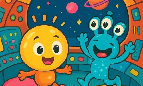 Pipo, une petite lampe ronde et lumineuse, flotte dans un vaisseau spatial tout rond, ses yeux brillants d'excitation et son sourire éclatant. Il est entouré de coussins moelleux aux couleurs vives. À ses côtés, Ziziou, un petit extraterrestre bleu avec trois yeux pétillants, danse avec un grand sourire de curiosité. Le vaisseau est rempli de lumières clignotantes et de gadgets étranges, et à travers les fenêtres, on aperçoit des étoiles et des planètes colorées. Pipo et Ziziou découvrent ensemble les merveilles de l'espace, prêts à explorer des mondes inconnus.