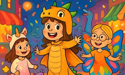 Trois personnages sont présents : Léa, une fille de 10 ans aux longs cheveux bruns, portant un costume de dragon scintillant, se tient au centre, les bras ouverts. Nina, également âgée de 10 ans, a des cheveux blonds en tresses et des lunettes rondes, vêtue d'une robe de papillon colorée, sourit et danse légèrement en arrière. Zoé, avec des cheveux châtains et des taches de rousseur, porte un costume de licorne et dessine des étoiles dans l'air avec sa baguette magique. L'action se déroule dans une rue animée d'une petite ville, décorée de guirlandes et de lanternes, où des confettis volent et des stands de gourmandises colorées sont visibles. Les trois amies dansent joyeusement au carnaval, entourées de créatures magiques, créant une ambiance festive et enchantée.