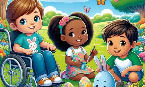 Dans un jardin ensoleillé, Petit Pierre, un garçon de 8 ans en fauteuil roulant, sourit. Il a des cheveux bruns et porte un t-shirt bleu avec un dessin de lapin. À côté de lui, Léa, une fille de 7 ans avec des cheveux blonds et des couettes, peint un œuf en bleu, vêtue d'une robe à fleurs colorées. Tom, un garçon de 6 ans avec des cheveux châtains et un t-shirt vert, dessine un lapin sur un œuf à ses pieds. Le jardin est rempli de fleurs colorées, avec des buissons verts et un grand arbre en arrière-plan. Le ciel est bleu avec quelques nuages blancs et des papillons volent autour des enfants. Les trois amis décorent des œufs de Pâques, riant et échangeant des idées.