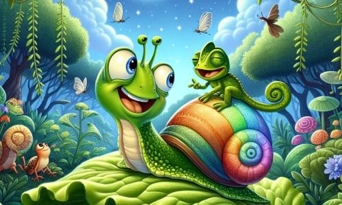 Un petit escargot nommé Gustave, avec une coquille colorée qui brille comme un arc-en-ciel, sourit d'excitation sur une feuille de laitue verte, prêt à explorer. À ses côtés, Camille, un caméléon espiègle aux couleurs changeantes, se faufile avec un clin d'œil, prête à l'entraîner dans une aventure. Le décor est une jungle luxuriante, remplie de lianes, de fleurs éclatantes et d'arbres majestueux, éclairée par la lune. Gustave et Camille se préparent à jouer à cache-cache, entourés d'animaux curieux comme des grenouilles et des lucioles, créant une ambiance joyeuse et magique.