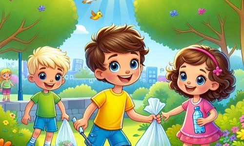 Lucas, un garçon de 6 ans aux cheveux bruns en bataille et sourire rayonnant, ramasse des déchets dans un parc ensoleillé. Il porte un t-shirt jaune et un short bleu, affichant détermination et joie. À ses côtés, Léo, également 6 ans, avec des cheveux blonds, tient un sac en plastique pour y mettre les déchets, souriant complice. Clara, une petite fille de 6 ans aux cheveux bouclés et en robe rose, montre une bouteille en plastique trouvée, excitée. Le parc est verdoyant, avec des fleurs colorées et des oiseaux chantants. Malgré les déchets au sol, les enfants s'activent pour nettoyer, transformant l'espace en un lieu accueillant. Ils travaillent ensemble, riant et s'encourageant, pour aider les oiseaux et embellir leur environnement.