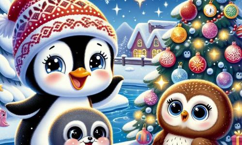 Un petit pingouin nommé Pipo, avec un pelage noir et blanc et un chapeau rouge, chante joyeusement sous un sapin de Noël scintillant. À ses côtés, Lili le phoque danse sur la glace, tandis que Titi le hibou les observe avec émerveillement. La scène se déroule dans un village enneigé, où la neige brille sous les étoiles. Pipo, Lili et Titi célèbrent la magie de Noël en chantant, entourés de leurs amis animaux, créant une ambiance festive et chaleureuse.
