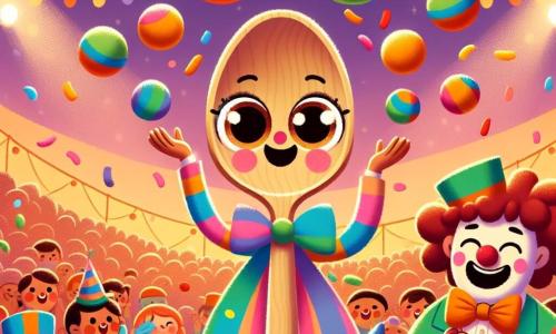 Loupi, une petite cuillère en bois avec de grands yeux et un sourire, jongle joyeusement avec des balles colorées, entourée de confettis. À ses côtés, Jojo, un jongleur humain en chapeau haut de forme, applaudit avec fierté. Un clown aux cheveux bouclés rit en tenant une balle. La scène se déroule sous un chapiteau de cirque décoré, avec des spectateurs émerveillés applaudissant. Loupi, au centre de l'attention, jongle avec grâce, créant une atmosphère magique.