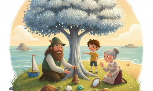 Marc, visage rond, longue barbe douce et chapeau vert, pose une petite clochette en bois au pied d’un grand arbre aux feuilles argentées; à côté, Léo, garçon de 7 ans aux cheveux bruns en bataille, tient la voile d’un petit bateau bleu et montre la plage du doigt; une grand-mère aux cheveux gris en chignon et robe à fleurs s’agenouille pour toucher une pierre verte brillante; deux tortues au dos brun-ocre reposent sur le sable; ils forment un cercle d’objets (coquillage blanc, plume argentée, miroir ancien, pierre verte, clochette) sur une île herbeuse au milieu d’un archipel, plage de sable doré, lumière de fin d’après-midi, ambiance douce et chaleureuse.