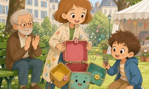Lina, jeune inventrice souriante aux cheveux châtain clair au-dessus des épaules, porte une blouse beige tachée de peinture et présente une valise cabossée qui s'ouvre en trois parties colorées fermées par des clips en forme de fleurs et « chante » en se démontrant comme une petite danse mécanique ; un garçon d'environ 7 ans aux cheveux bruns touffus, yeux émerveillés, tient un petit ressort trouvé sur le gazon près d'un banc ; monsieur Paul, un homme d'environ 70 ans aux cheveux gris, petite barbe et lunettes rondes, est assis sur un banc vert et applaudit doucement ; la scène se déroule dans un parc ensoleillé avec de grands marronniers, bancs vert pomme, une tente d'exposition blanche à rayures, pelouse verte et immeubles aux volets bleus, ambiance chaleureuse et collaborative.